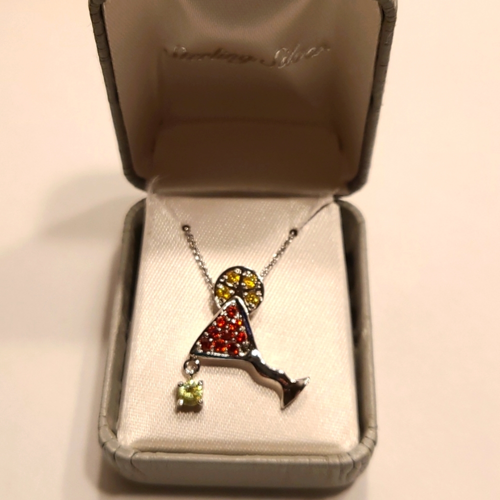 Martini cz pendant set in sterling silver with chain. New in box.